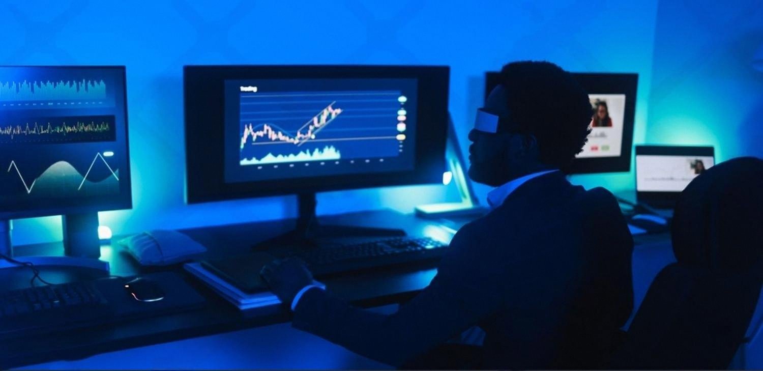 IT professional monitoring trading dashboards on multiple screens in a modern UAE office
